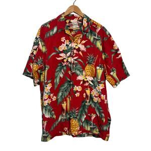 Hilo Hattie Hawaiian Shirt Men’s L Red Tropical Pineapple Aloha Button Front